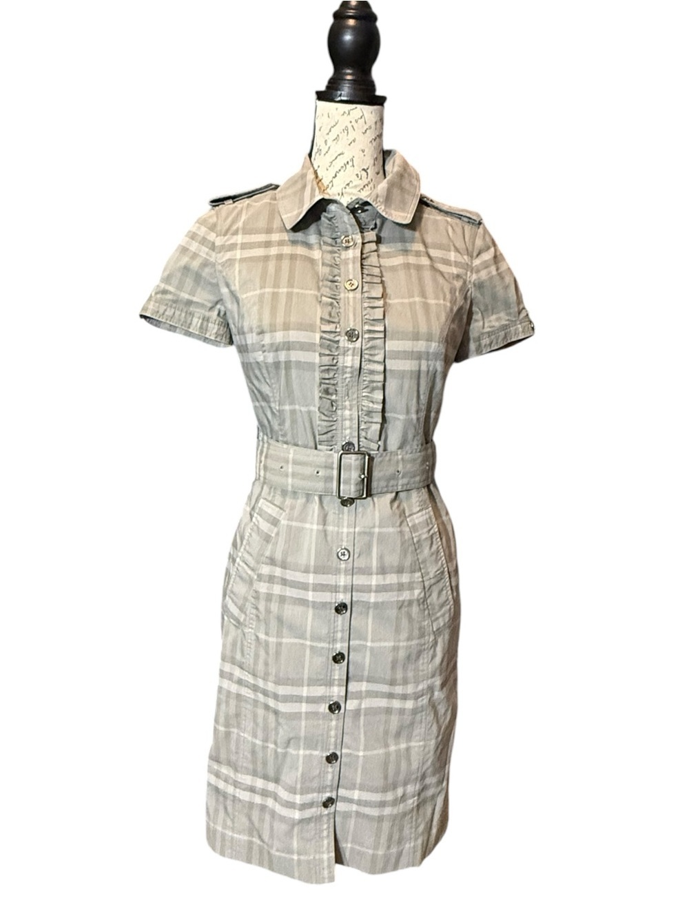 Burberry London Light Gray Plaid Shirt Dress Size 4